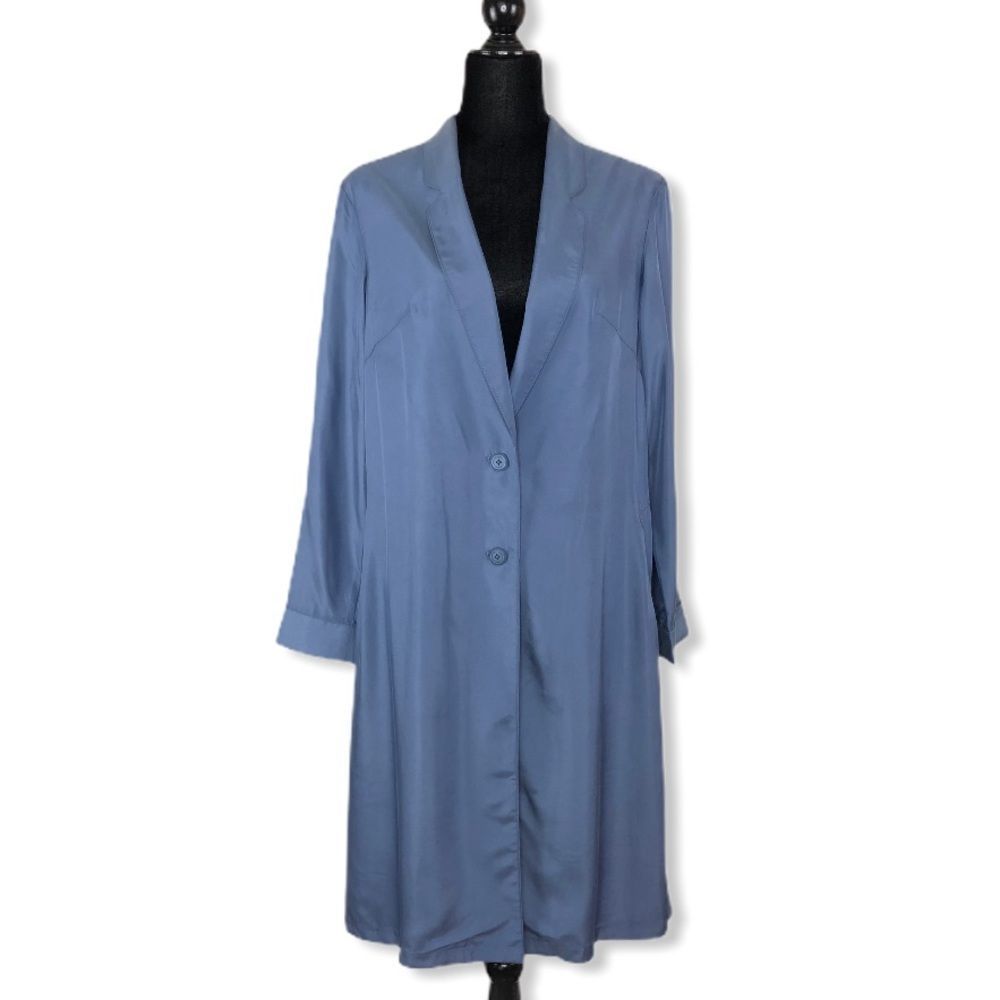 Kestan Bradbury Slate Blue Trench Coat Button Up size Large Collared